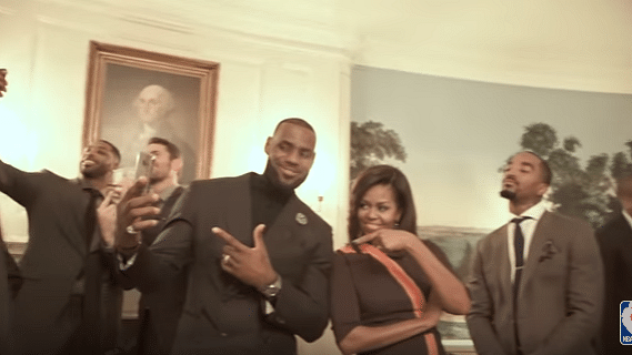 Michelle Obama with NBA stars in a mannequin challenge. (Photo Courtesy: YouTube/<a href="https://www.youtube.com/watch?v=5ZzklOEGW0w">NBA</a>)