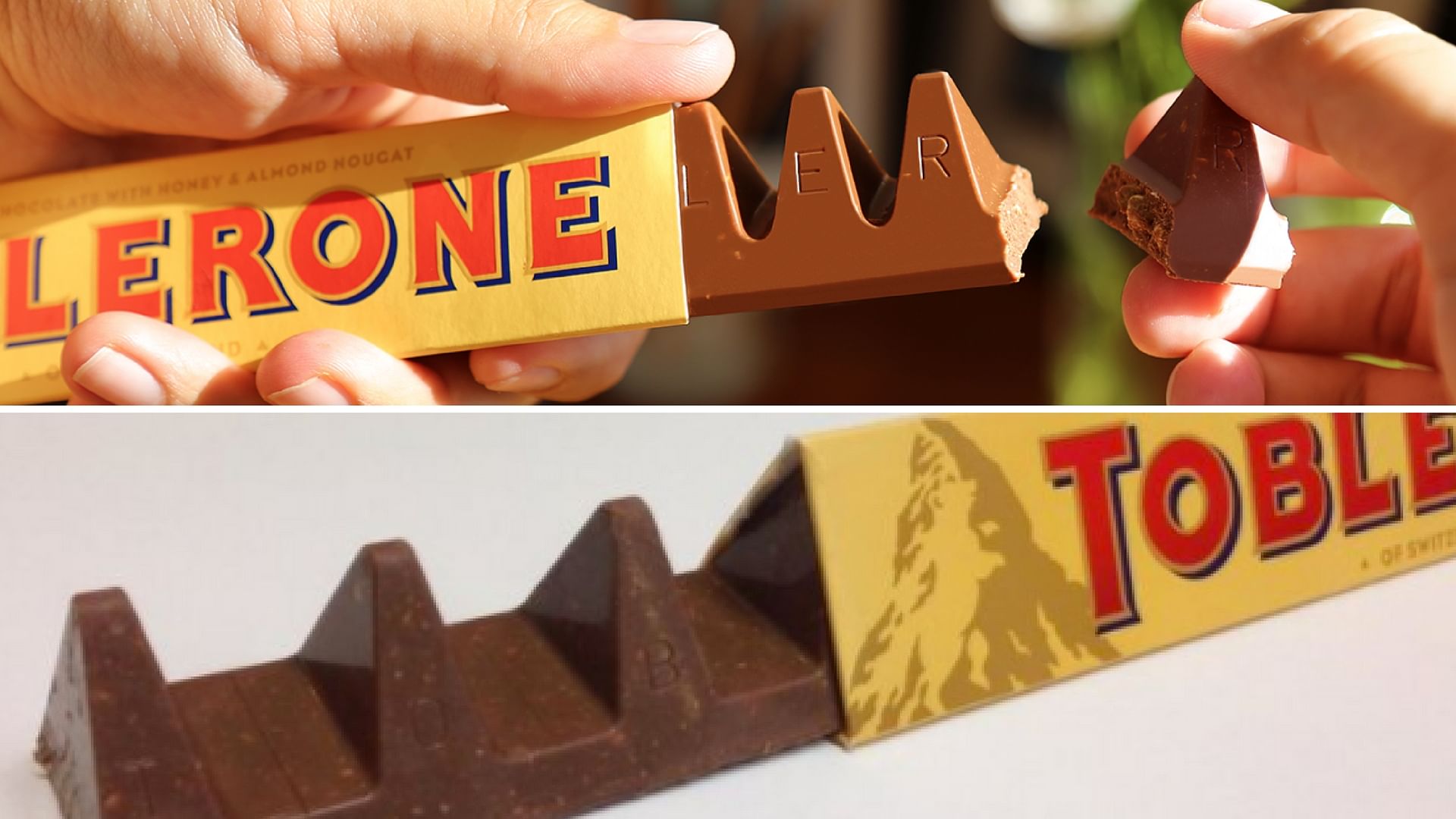 Chocolate lovers in the UK and all over the world are enraged with the gaps in the new Toblerone’s triangles. (Photo Courtesy: Toblerone/Twitter/<b>The Quint</b>)