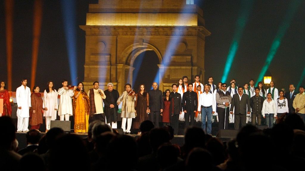 

Bollywood and sports personalities stand for the national anthem at an event at India Gate. (Photo: Reuters)