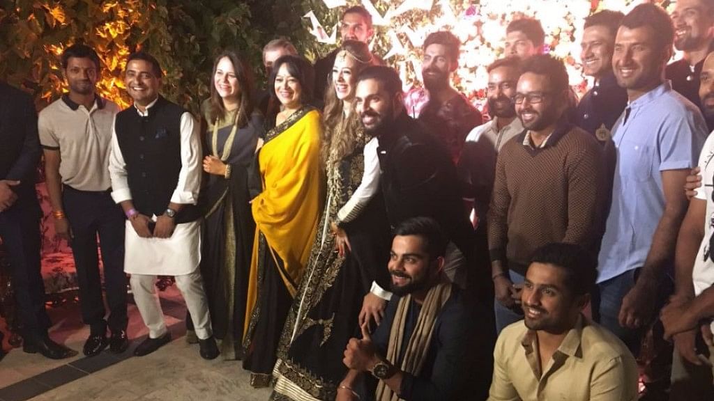 

Team India pose for a picture at Yuvraj-Hazel’s pre-wedding party. (Photo Courtesy: Twitter/<a href="https://twitter.com/BCCI">@BCCI</a>)