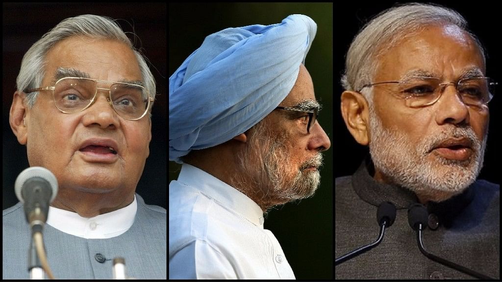 Former Prime Ministers Atal Bihari Vajpayee (left), Manmohan Singh, and current Prime Minister Narendra Modi (right). (Photo: <b>The Quint</b>)