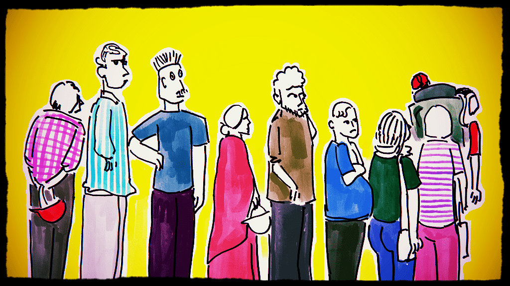 The motley crowd outside the ATM queue (Illustration: <b>The Quint</b>/ Susnata Paul)