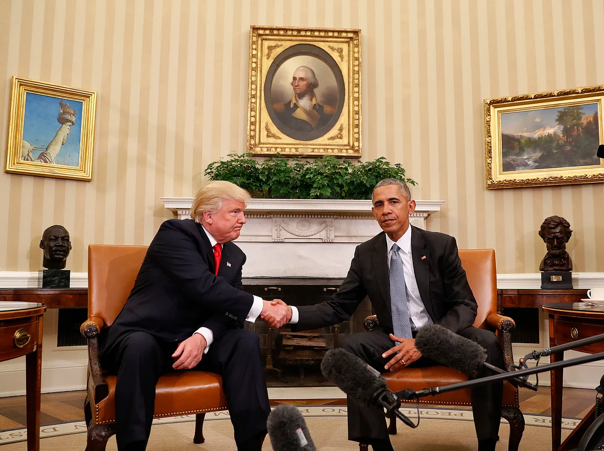 Donald Trump with current President Barack Obama at the White House on Thursday. (Photo: AP)
