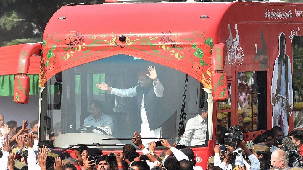 Contrary to expectations, both Mulayam Singh Yadav and his brother Shivpal Yadav turned up to flag off the rath. (Photo: PTI)