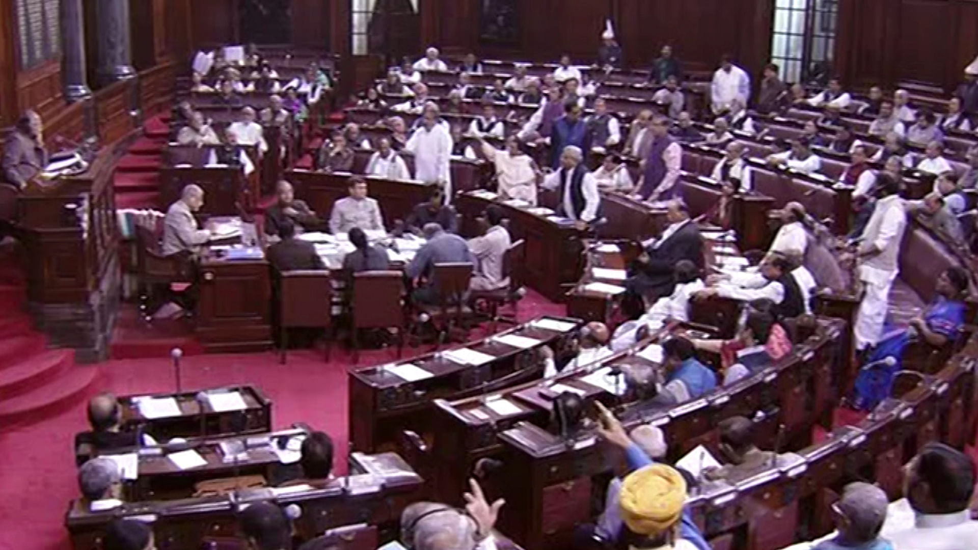 Opposition members demand the presence of the Prime Minister in Rajya Sabha. (Photo: RSTV screengrab)