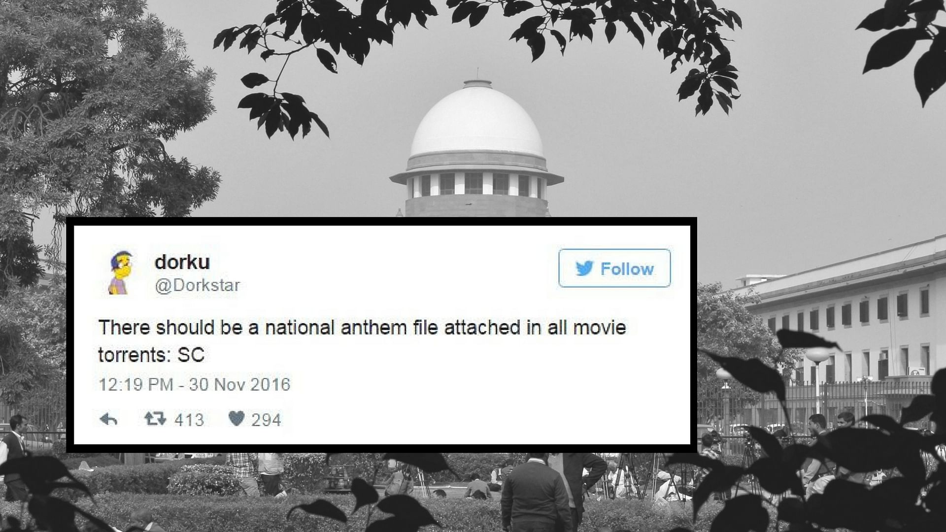 

The Supreme Court, on Wednesday, made it mandatory for cinema halls to play the national anthem before film screenings. (Photo: <b>The Quint</b>)