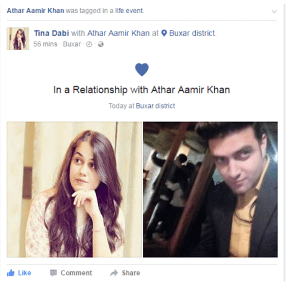 2015 UPSC topper Tina Dabi openly declared her relationship with Athar Khan on Facebook a few days ago.