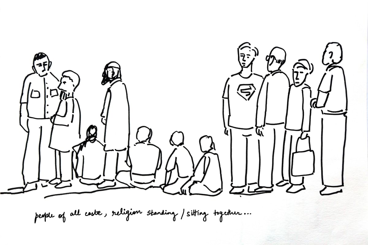 A story through sketches, illustrating the lives of people in queues outside banks and ATMs.
