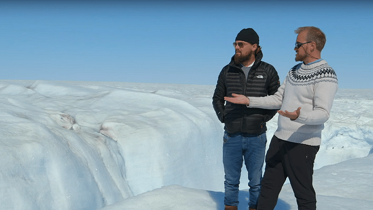 DiCaprio witnesses glacier melt first hand. (Photo: YouTube Screenshot)