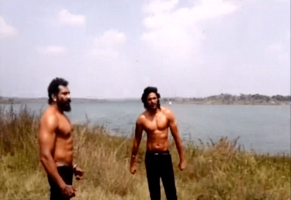 Kannada actors Uday  and Anil  jumped from a helicopter into a  reservoir as a stunt for the film ‘Mastigudi’.