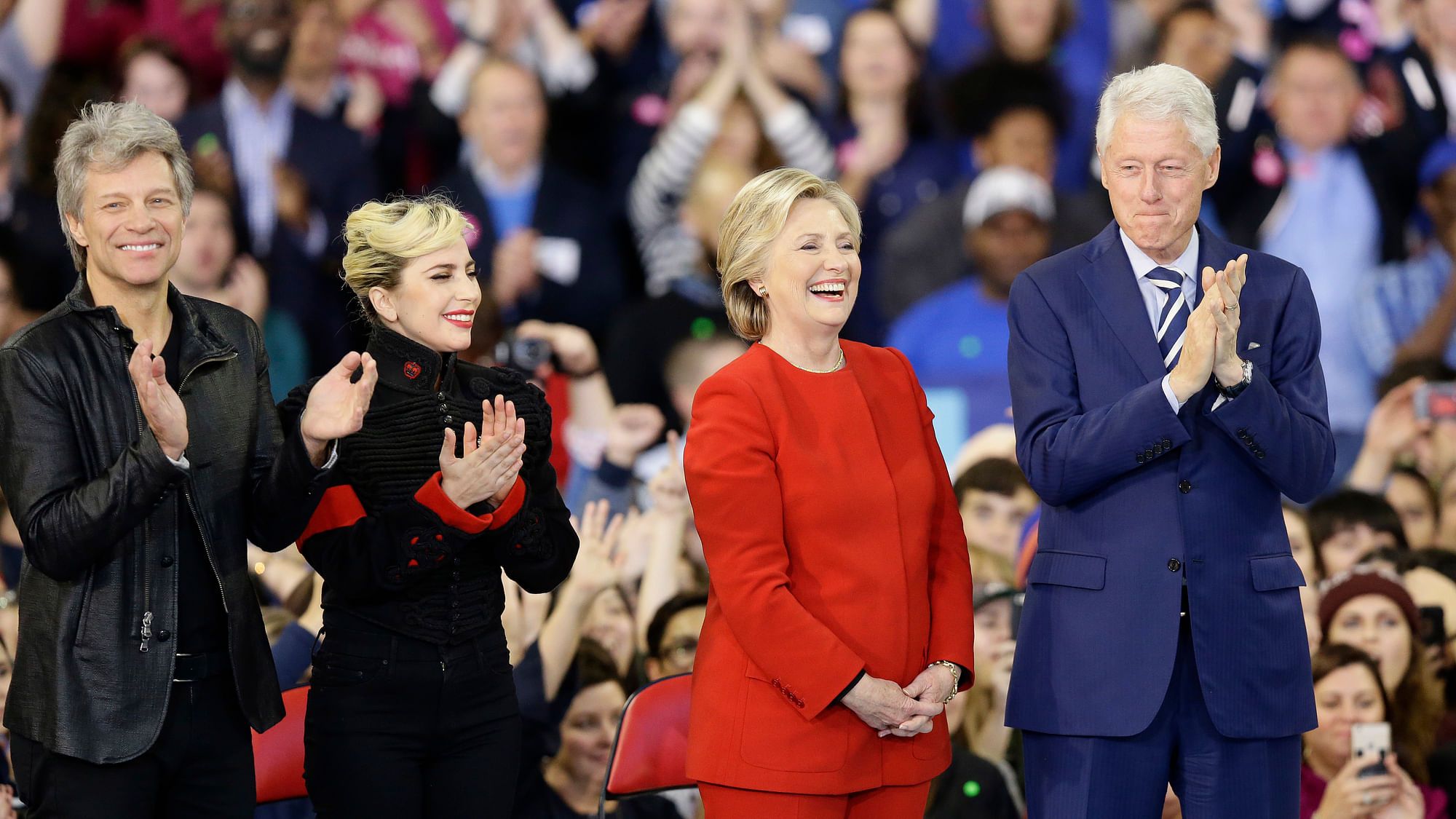 Hillary Clinton shares the stage with Bon Jovi and Lady Gaga (Photo Courtesy: AP)