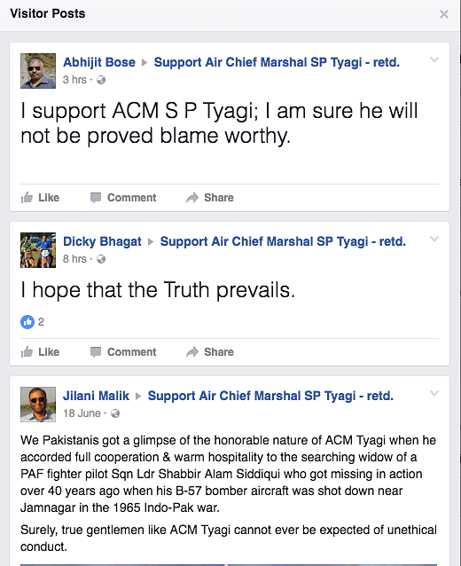 Former IAF chief SP Tyagi is under investigation, but a number of people have used Facebook to show their support.