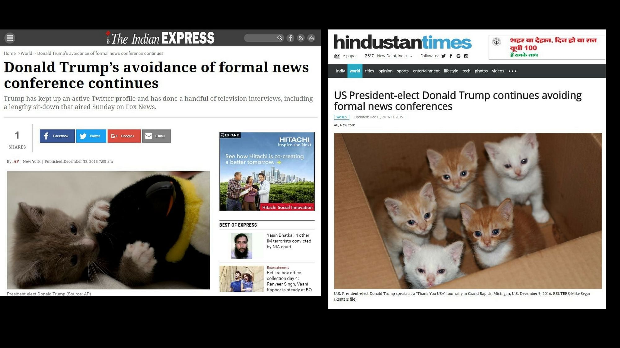 Kittens appear where Donald Trump ought to have been. (Photo Courtesy: Screengrabs/Altered by <b>The Quint</b>)