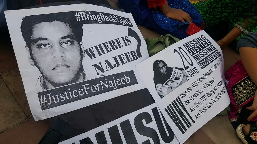 Posters at the solidarity meet for Najeeb Ahmad.