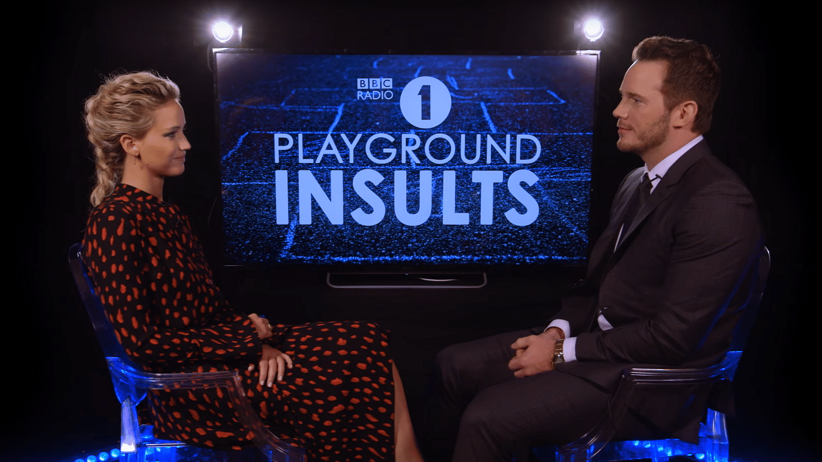 Chris Pratt and Jennifer Lawrence on BBC Radio’s Playground Insults. (Photo: YouTube screenshot)&nbsp;