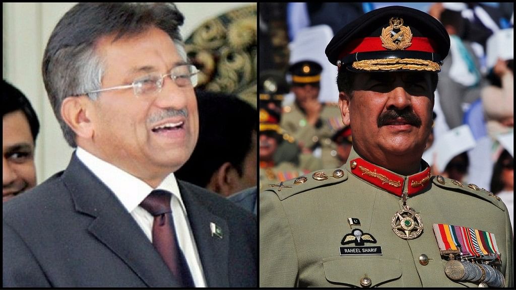 Former Pakistan President General  Pervez Musharraf and  ex-chief of Pakistan Army General Raheel Sharif (right). (Photo: <b>The Quint</b>)