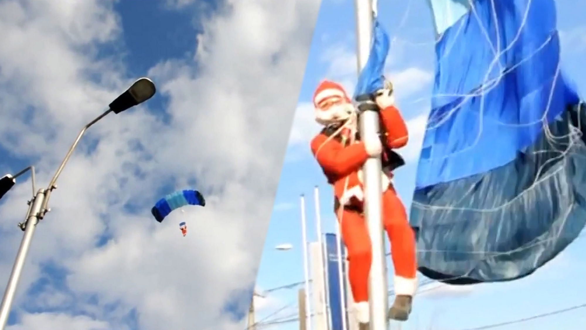 This Santa’s landing didn’t go quite as planned.  (Photo: AP/Newsflare)