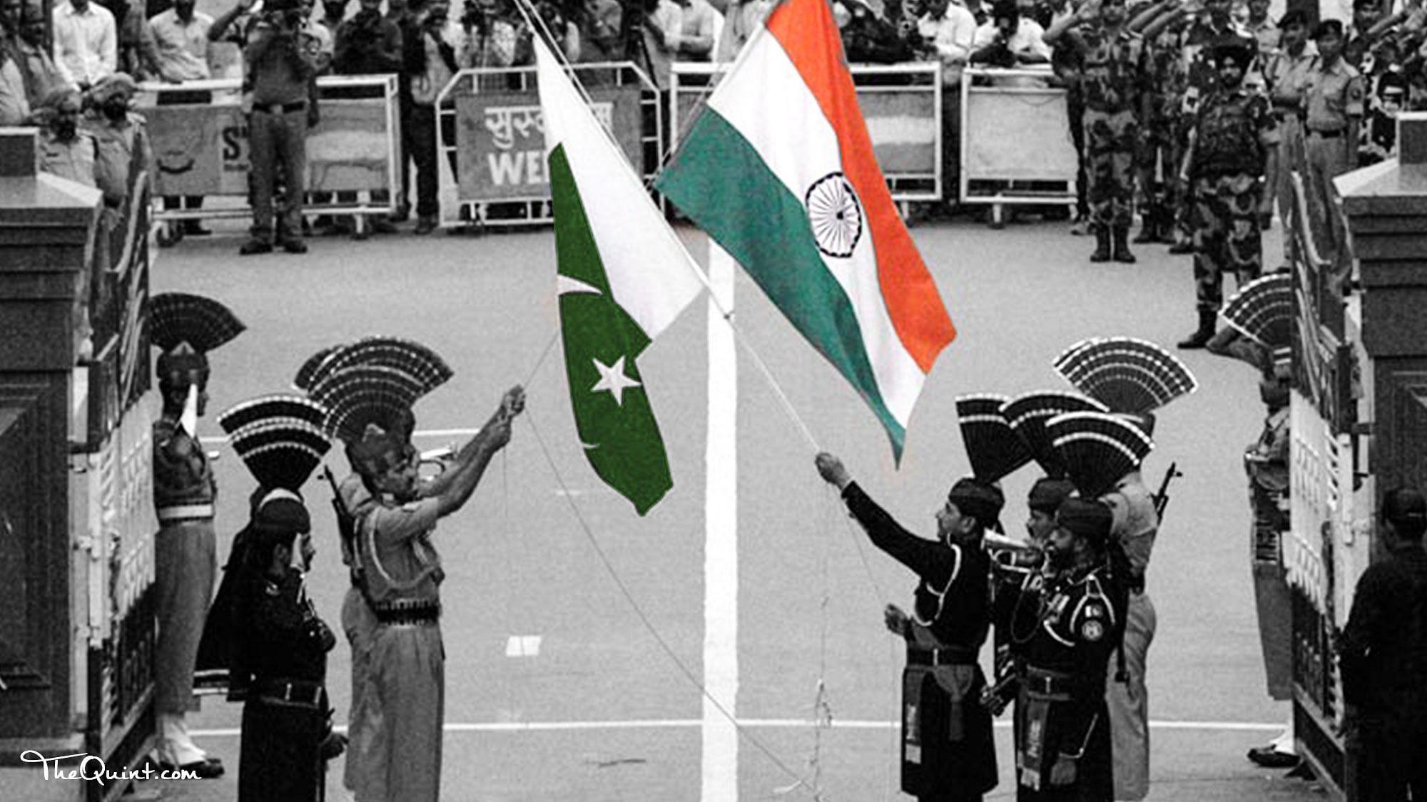 A file photo of the change of guard ceremony at the Wagah border. (Photo altered by <b>The Quint</b>)