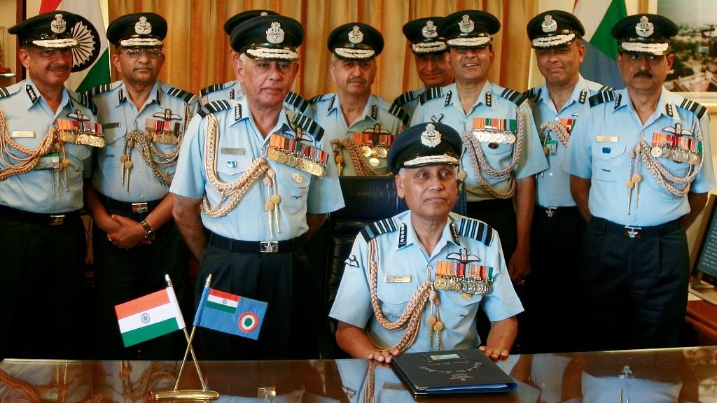 A file photo of former Indian Air Force chief SP Tyagi with his staff at the IAF headquarters in New Delhi in 2007. (Photo: Reuters)