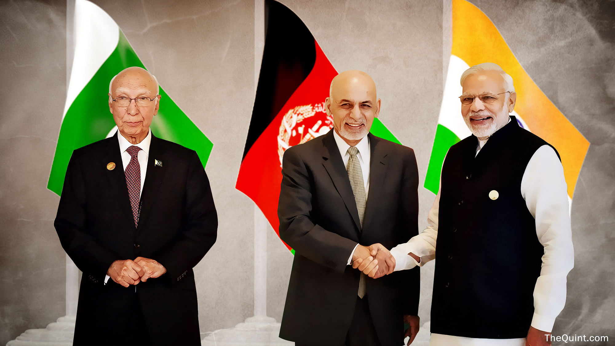Pakistan Foreign Affairs Adviser Sartaj Aziz found himself defending Pakistan as Modi and Afghan President Ashraf Ghani strengthened ties. (Photo: Altered by <b>The Quint</b>)