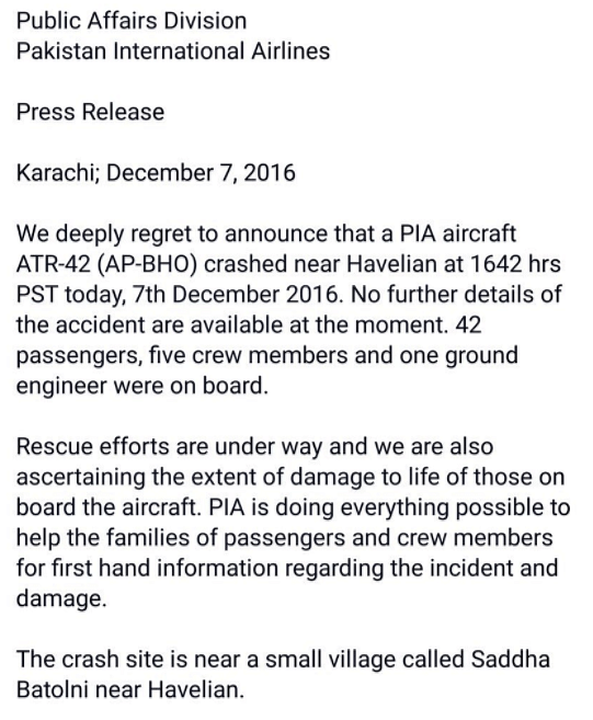 The aircraft went off radar near Havelian on its way to Islamabad.