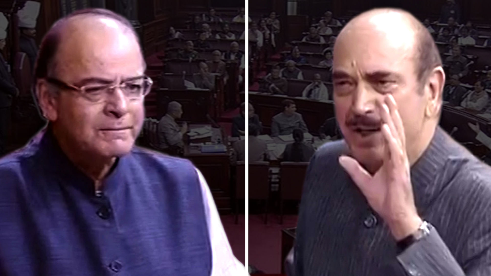 Leader of Opposition in the Rajya Sabha Ghulam Nabi Azad (right) took on Union Finance Minister Arun Jaitley on the govt’s demonetisation policy. (Photo: altered by <b>The Quint</b>)