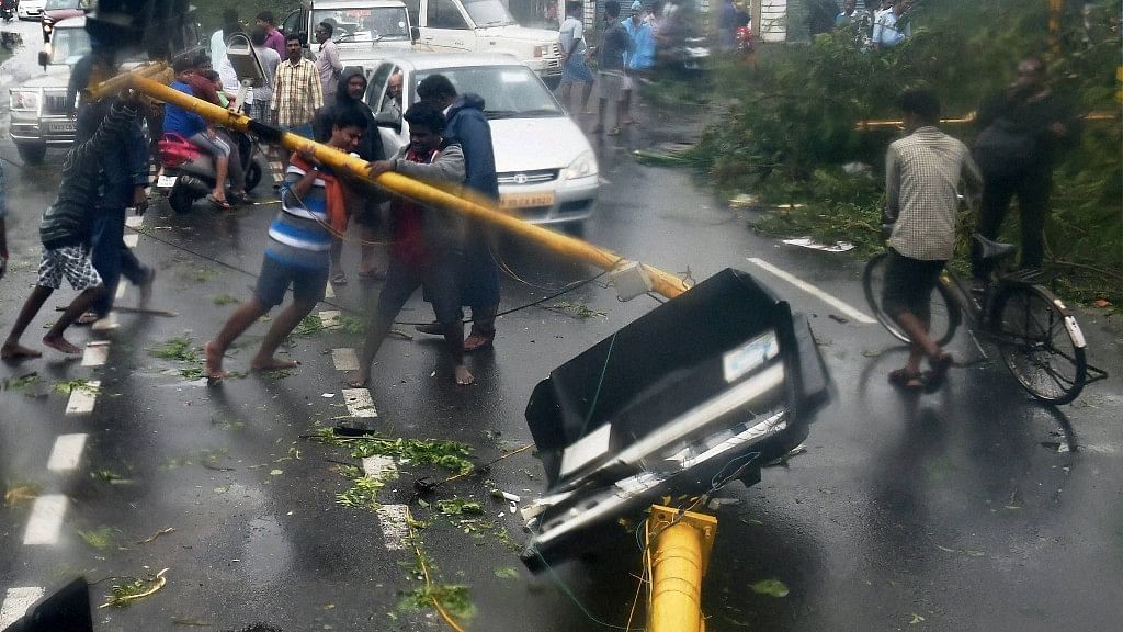 People lifting uprooted poles following a storm in Chennai on Monday. (Photo: PTI)&nbsp;