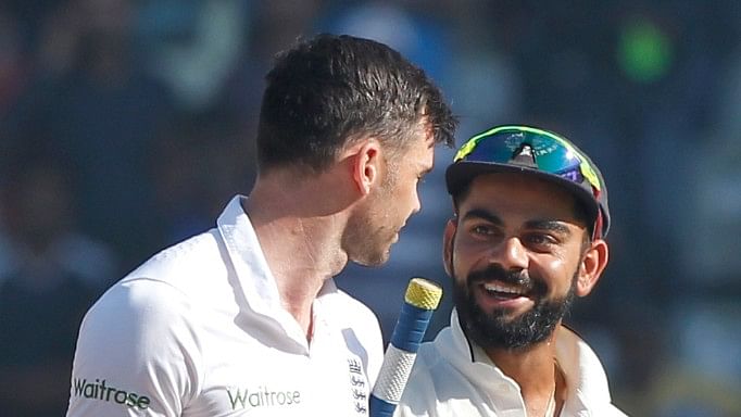 Virat Kohli shakes hands with James Anderson after India beat England by an innings and 36 runs in the fifth Test at Mumbai. (Photo: BCCI)