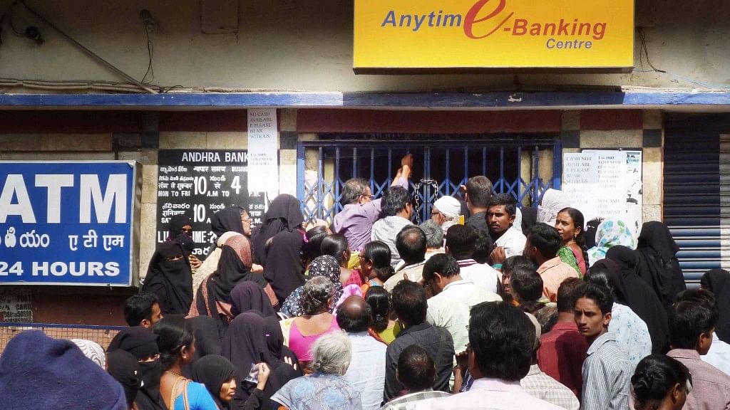 

People queue up outside a bank in Hyderabad. (Photo: IANS)