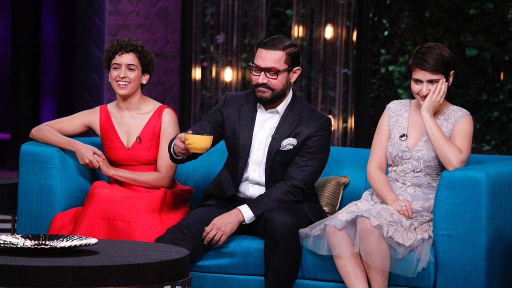 Sanya Malhotra, Aamir Khan and Fatima Sana Shaikh chat with Karan Johar on Koffee With Karan. (Photo courtesy: Star World HD)