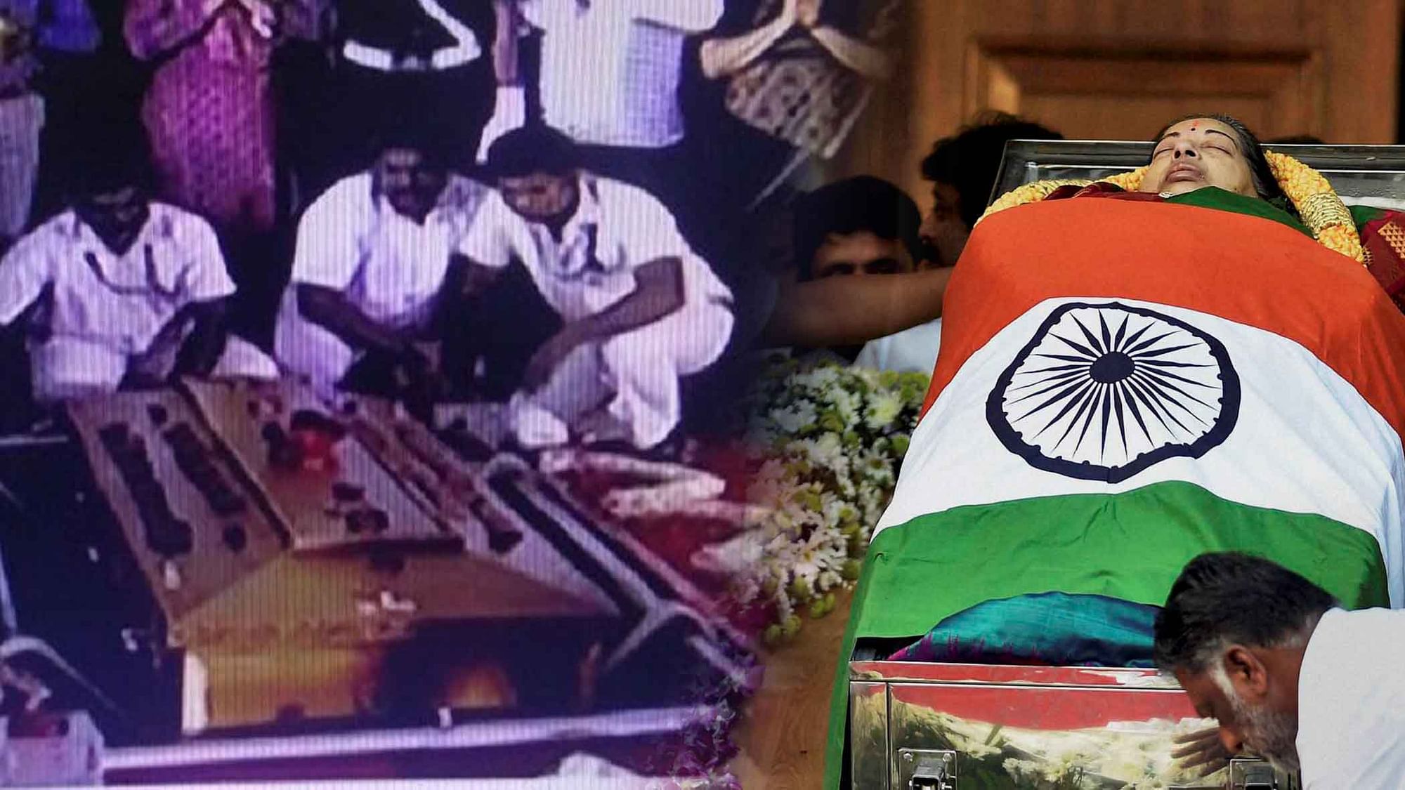 

The mortal remains of J Jayalalithaa in Chennai on Dec 6, 2016.(Photo Courtesy: IANS/Modified by The Quint)
