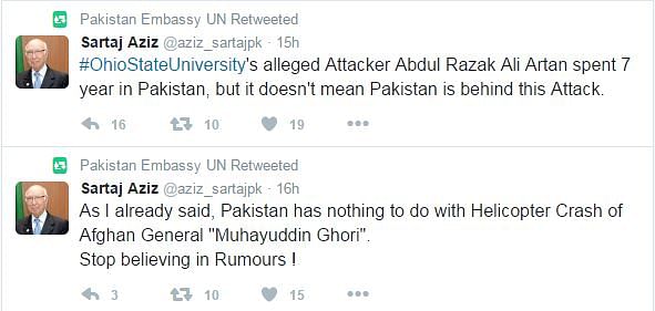One of the fake accounts tweeted that the US conducted raids at Pakistan embassies in Washington and New York.
