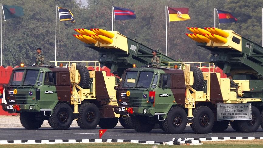 The Indian Army’s Pinaka multi-barrel rocket launcher systems are displayed during the Army Day parade in New Delhi on 15 January 2011. (Photo: Reuters)