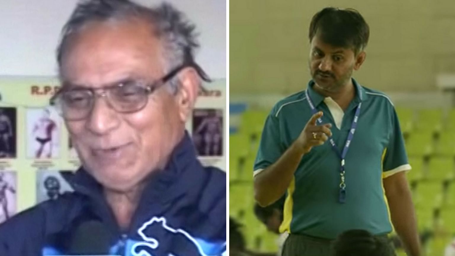 PR Sondhi (L) and Girish Kulkarni (He acted as Geeta Phogat’s coach in the movie Dangal). (Photo: ANI/Youtube Screengrab)