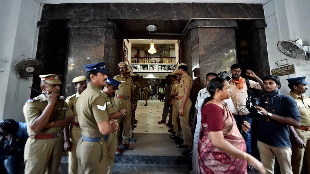 Police personnel outside the main entrance of Tamil Nadu State Secretariat during the raid at the chamber of Chief Secretary P Rama Mohana Rao, who came under the I-T scanner in Chennai on Wednesday (Photo: PTI)