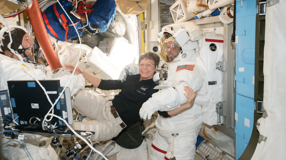 Astronaut Peggy Whitson preparing for her spacewalk. (Photo Courtesy: Twitter/<a href="https://twitter.com/AstroPeggy/status/817141428266606592">@AstroPeggy</a>)