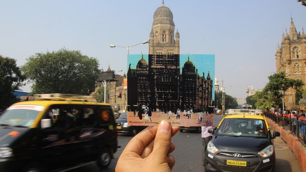 The current BMC building juxtaposed with a time when walking was still the norm in Bombay. (Photo Courtesy: Yuvraj Khanna) 