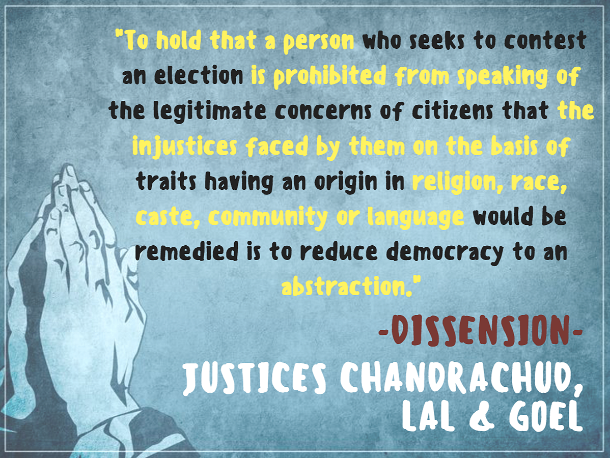 An excerpt from the SC verdict in <i>Abhiram Singh v CD Commachen</i>. (Infographic: <b>The Quint</b>/Pallavi Prasad)