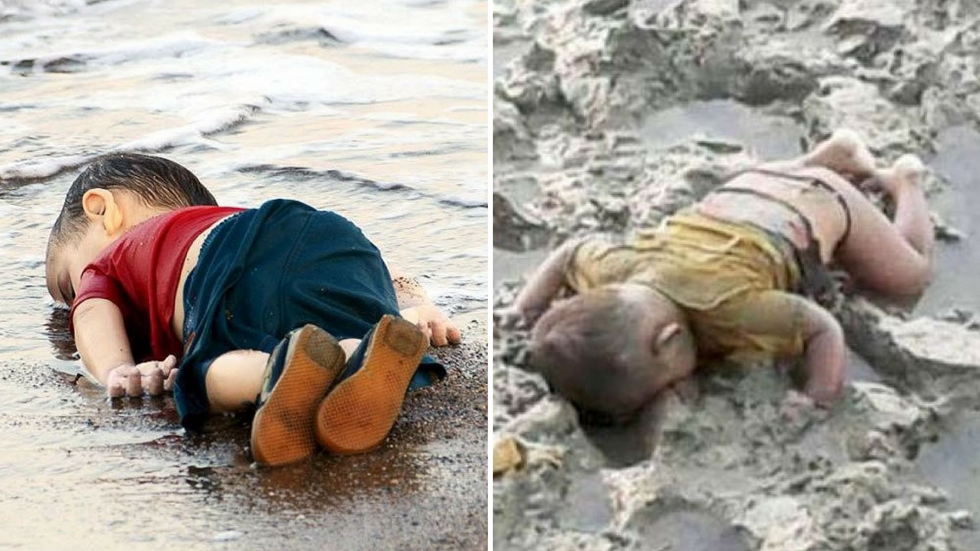 Three-year-old Syrian boy Aylan Kurdi’s body was found on a beach in Turkey (left); 16- month-old Rohingya child Mohammed Shohayet drowned in Naf river. (Photo courtesy: <a href="https://twitter.com/AngryBritAbroad">@AngryBritAbroad</a>, ‏<a href="https://twitter.com/mizanbd420">@mizanbd420</a>/Twitter)