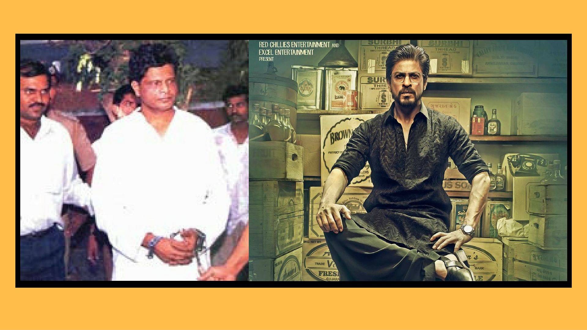 Abdul Latif arrested (L), Shah Rukh Khan as Raees Alam (R).