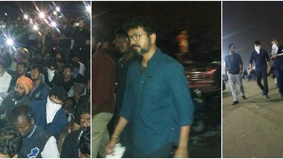 Tamil star Vijay at Marina beach with protestors against Jallikattu ban. 