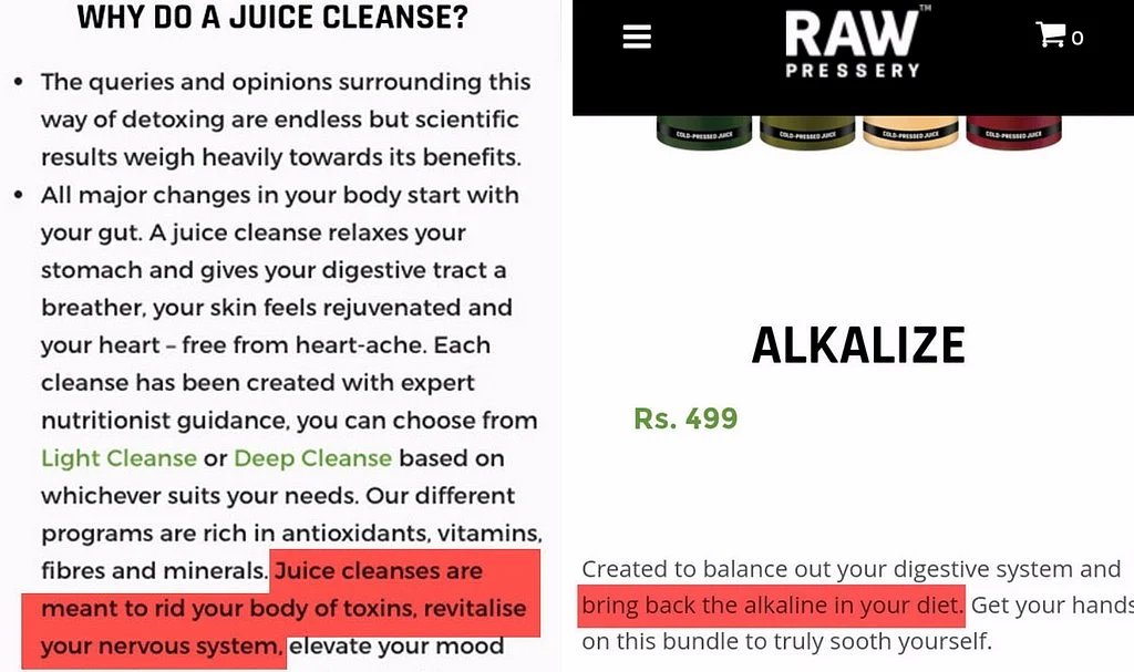 The products using scientific terms like ‘rid your body of toxins’ for their ads. (Photo Courtesy: <a href="https://www.rawpressery.com/">Raw Pressery Website</a>)