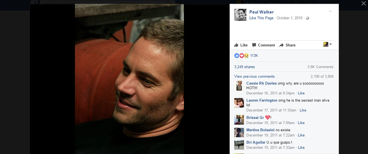 The traffic to Paul Walker’s Facebook account shot up as fans revisited it following the news of his death. (Photo Courtesy: Facebook/<a href="https://www.facebook.com/PaulWalker/photos/a.154329534601319.31062.154329464601326/154329537934652/?type=3&theater">Paul Walker</a>)