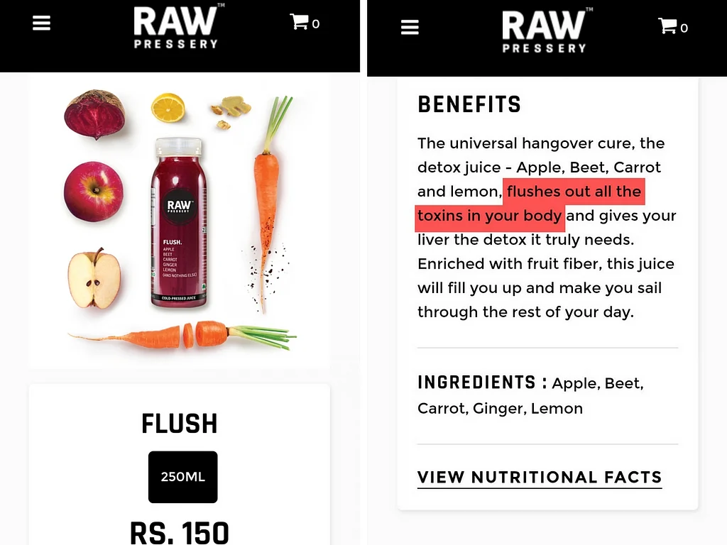 The products using scientific terms like ‘flushes out toxins’ for their ads. (Photo Courtesy: <a href="https://www.rawpressery.com/">Raw Pressery Website</a>)