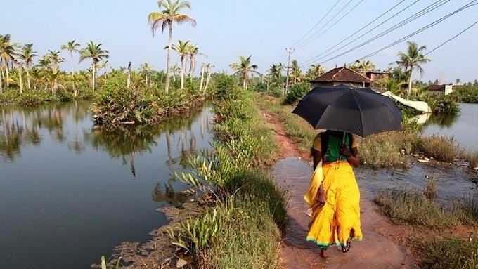 A flooded village path in Munroe Thuruthu. (Photo Courtesy: India Climate Dialogue/Ajith Lawrence)