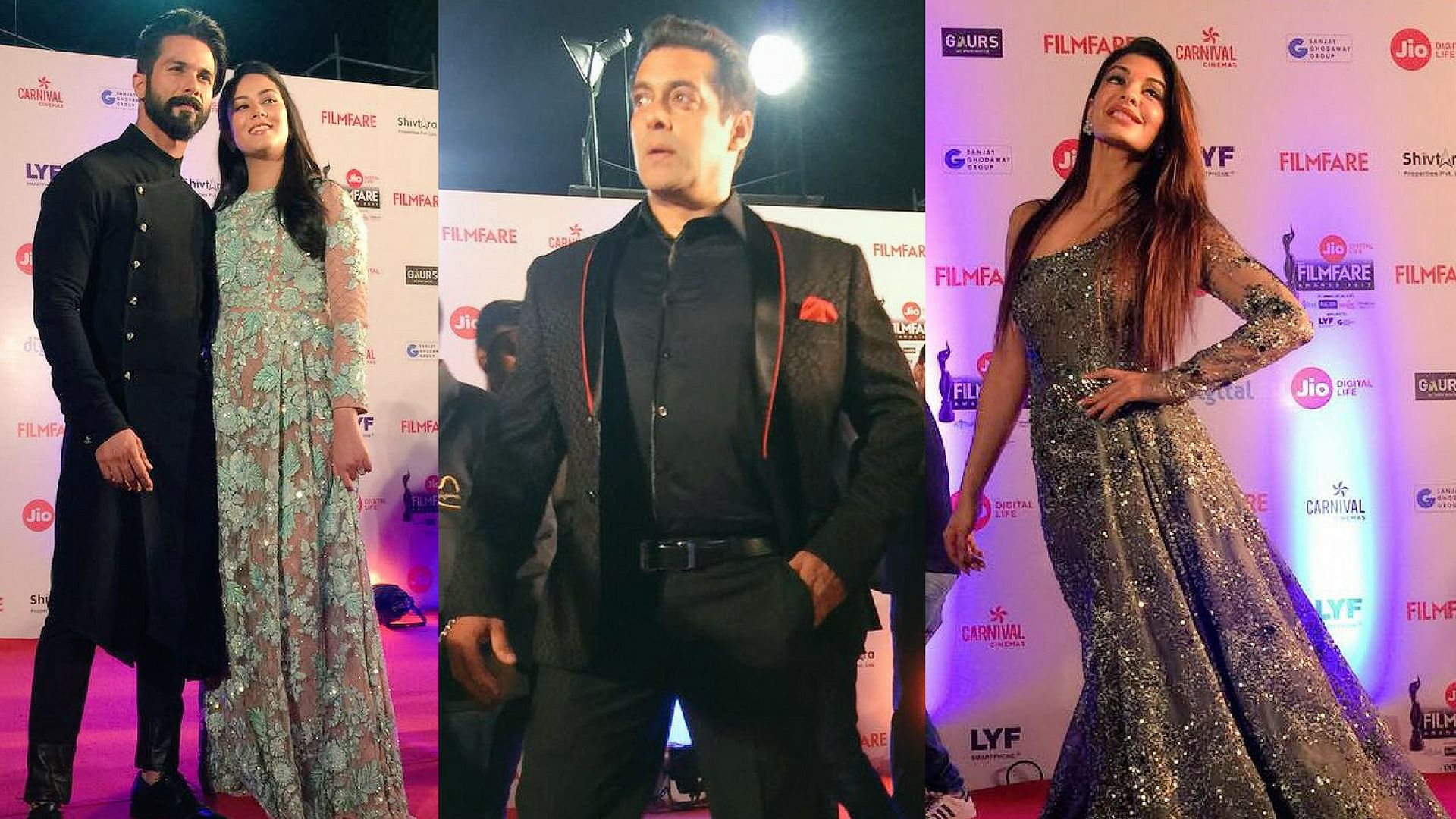 Shahid and Mira Kapoor, Salman Khan and Jacqueline Fernandez on the red carpet. (Photo courtesy: <a href="https://twitter.com/filmfare">Twitter @filmfare</a>)