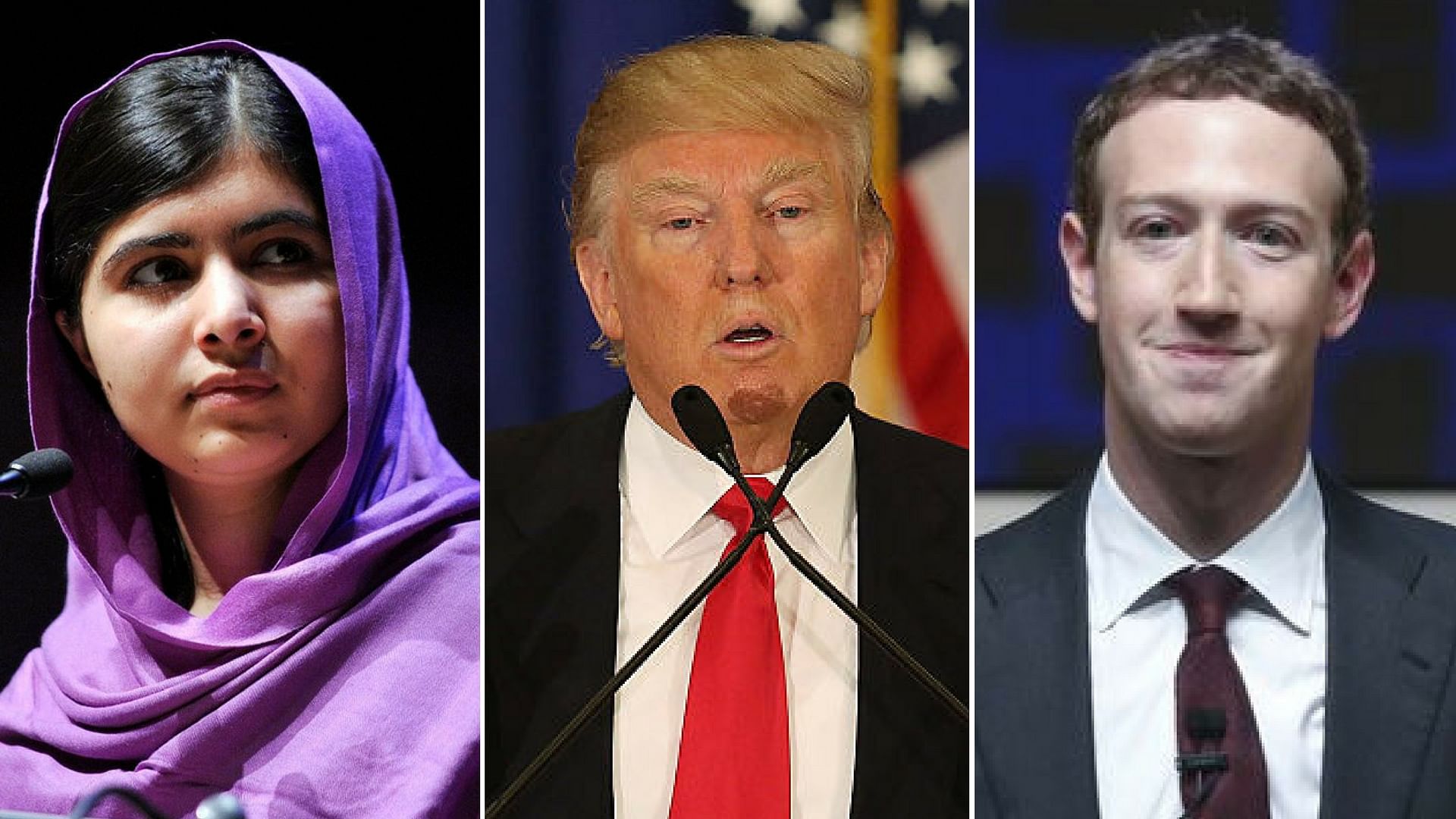 From left: Malala Yousafzai, Donald Trump and Mark Zuckerberg. (Photo: <b>The Quint</b>)