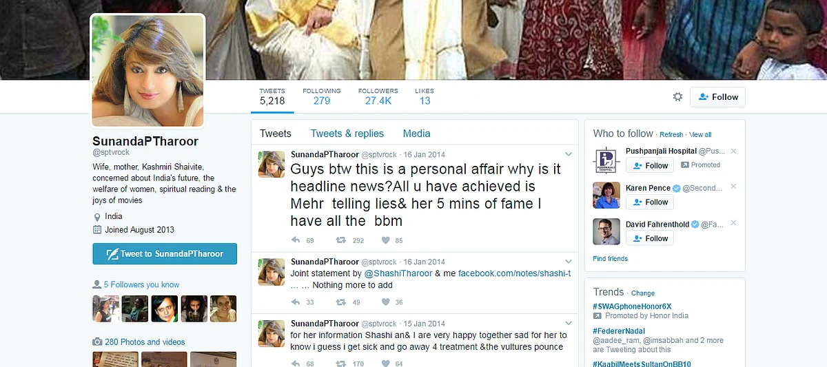 Sunanda Tharoor’s Twitter account is another account of a deceased personality that continues to exist in cyber space. (Photo Courtesy: Twitter/<a href="https://twitter.com/sptvrock">SunandaPTharoor</a>)