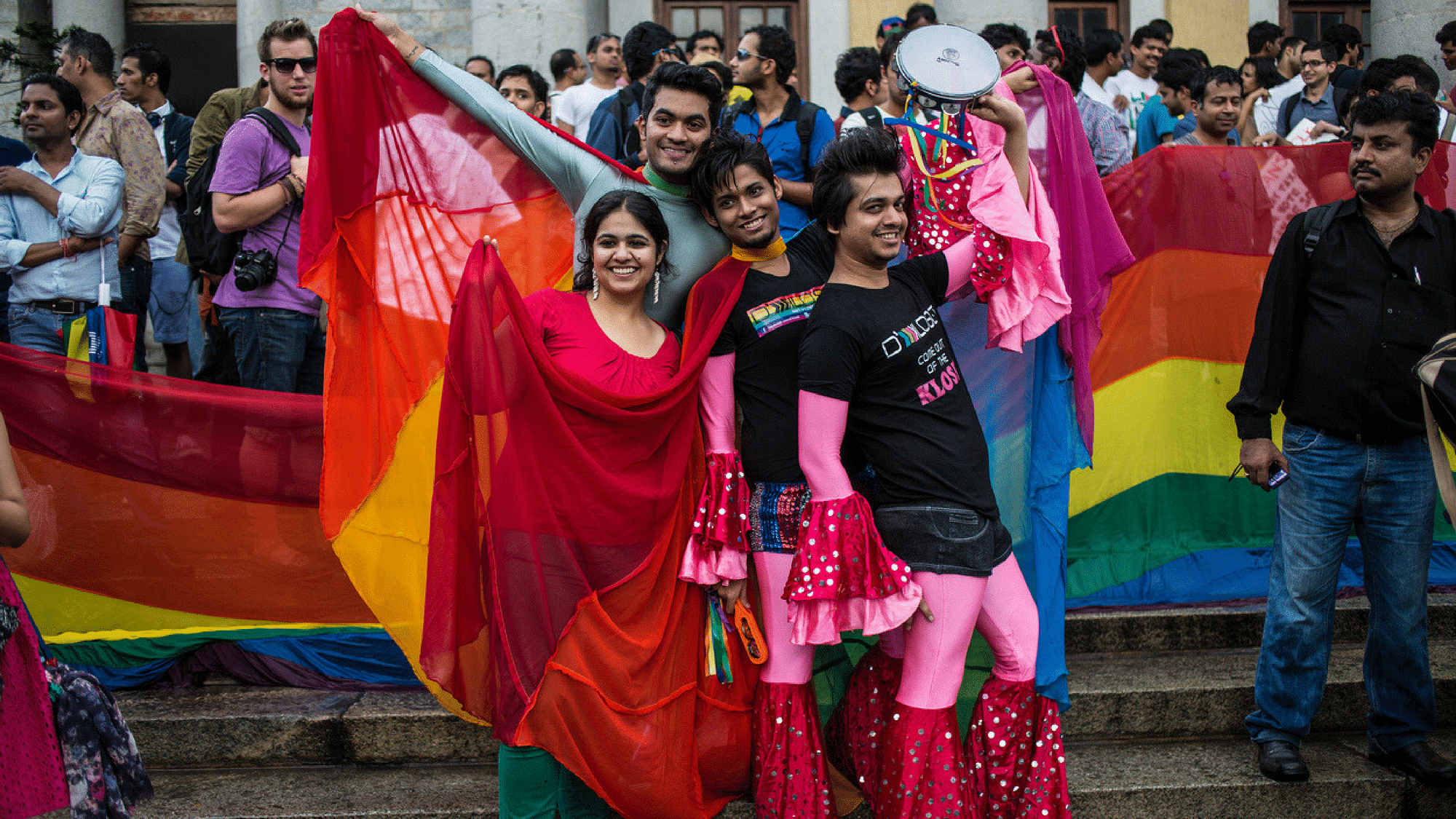 A group of LGBTQ activists posing in front of the pride parade in Bangalore. The image has been used for representational purposes.&nbsp;