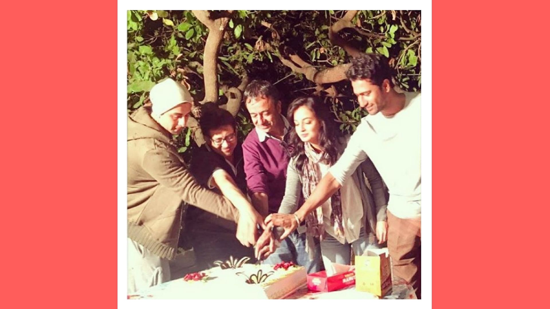 Ranbir Kapoor, Abhijat Joshi, Rajkumar Hirani, Dia Mirza and Vicky Kaushal on the sets of the biopic. (Photo courtesy: Instagram)